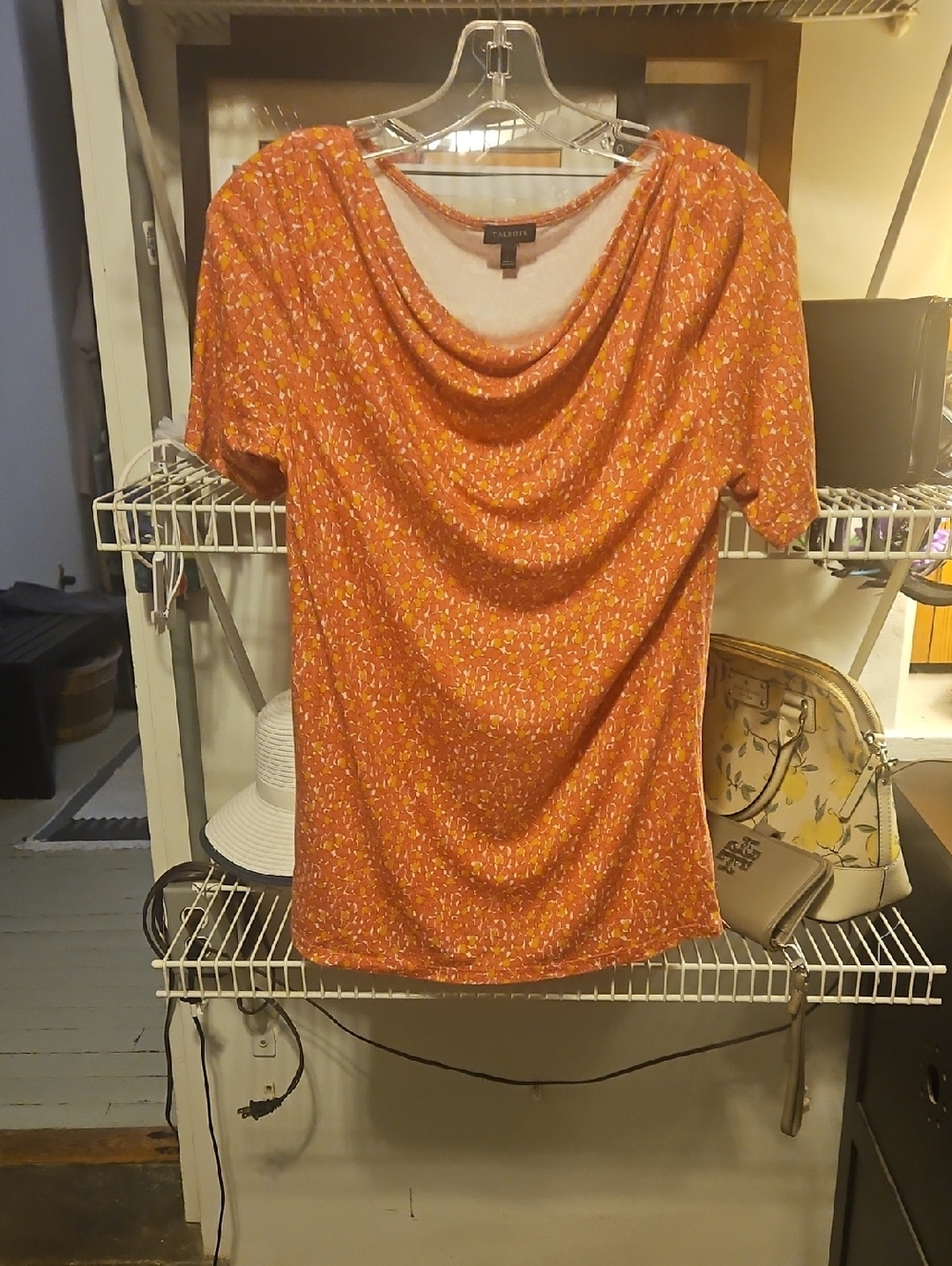 Talbots Orange and Yellow Printed Draped-Neck Tee